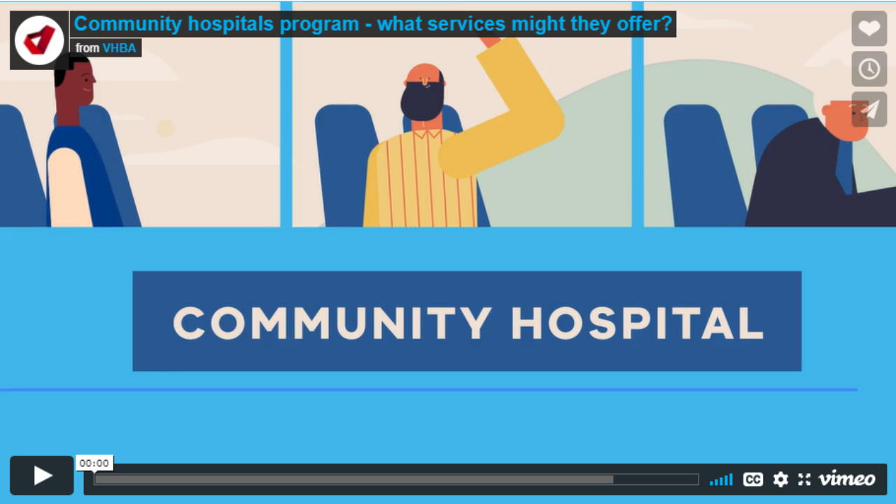 Cartoon image of the side of a bus, with "Community Hospital" in block letters on the side of the bus